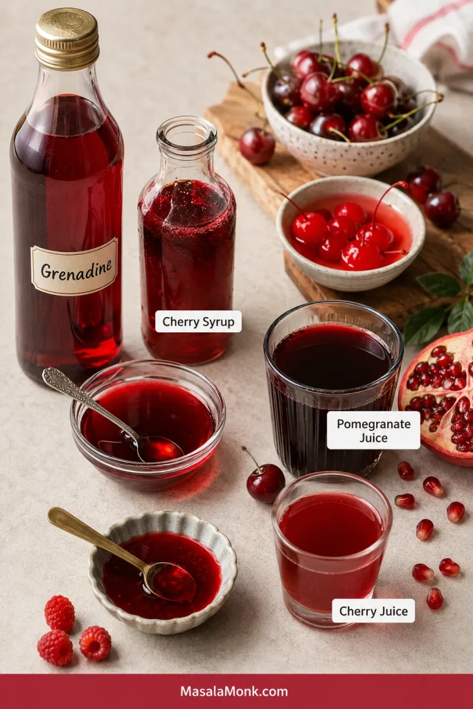 Grenadine substitute board with red syrups, cherries, pomegranate juice, cherry juice, and small labeled bottles.
