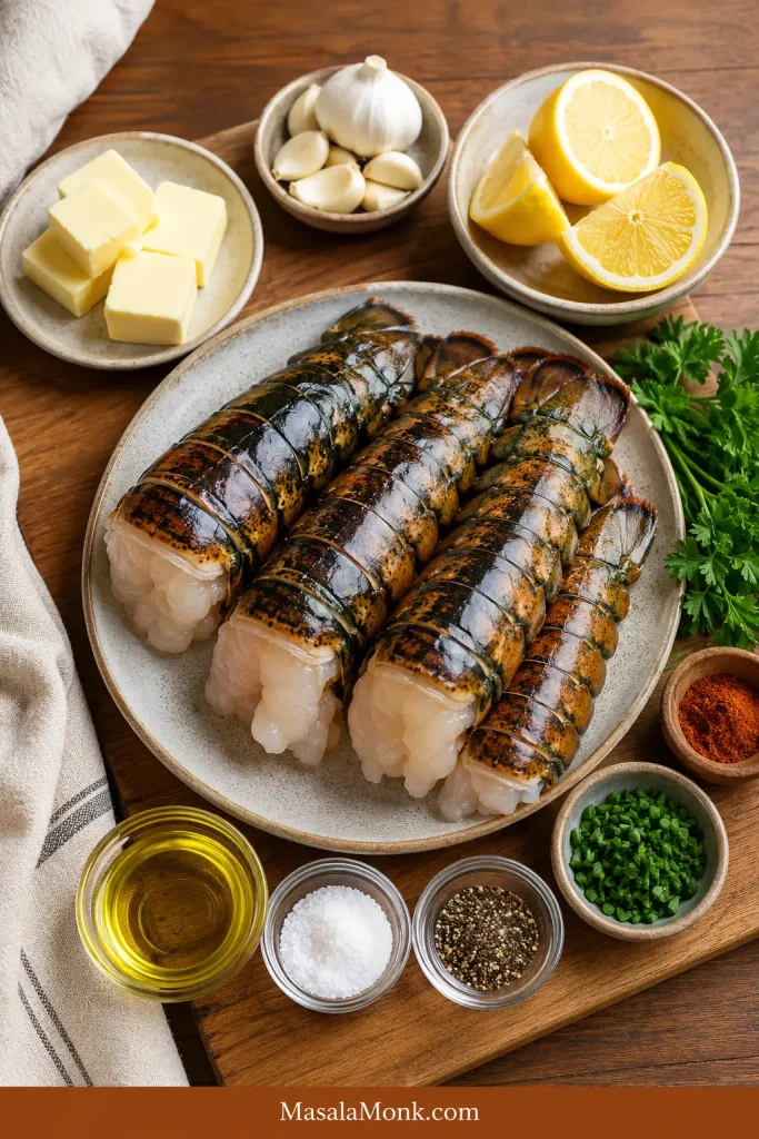 Lobster tails, butter, garlic, lemon, herbs, oil, salt, pepper, and smoked paprika arranged on a wooden board.