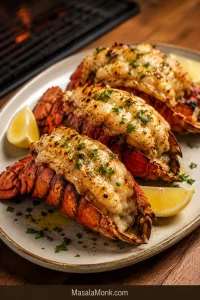 Grilled lobster tails with lemon garlic butter, herbs, and lemon wedges on a warm serving plate.