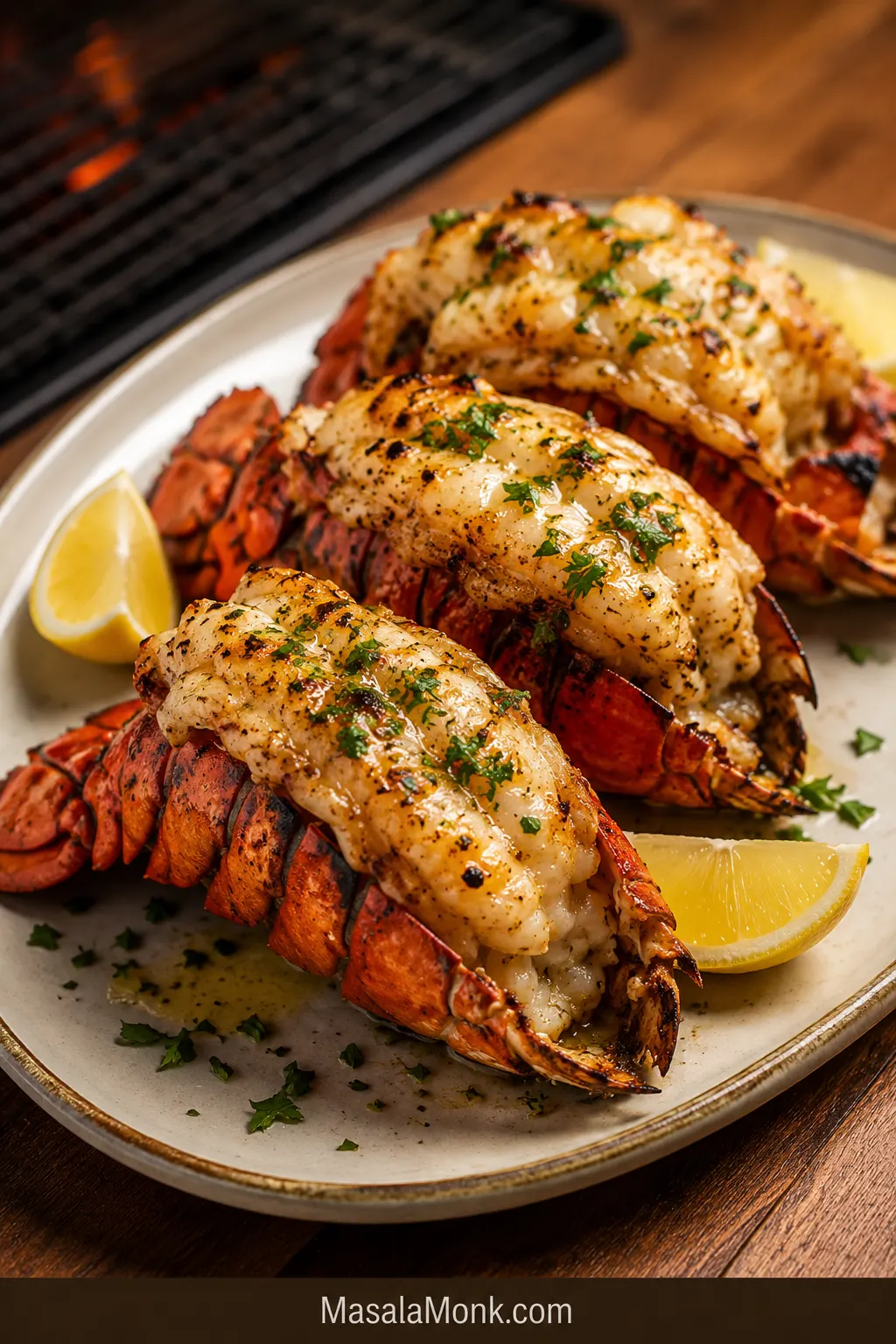 Grilled lobster tails with lemon garlic butter, herbs, and lemon wedges on a warm serving plate.