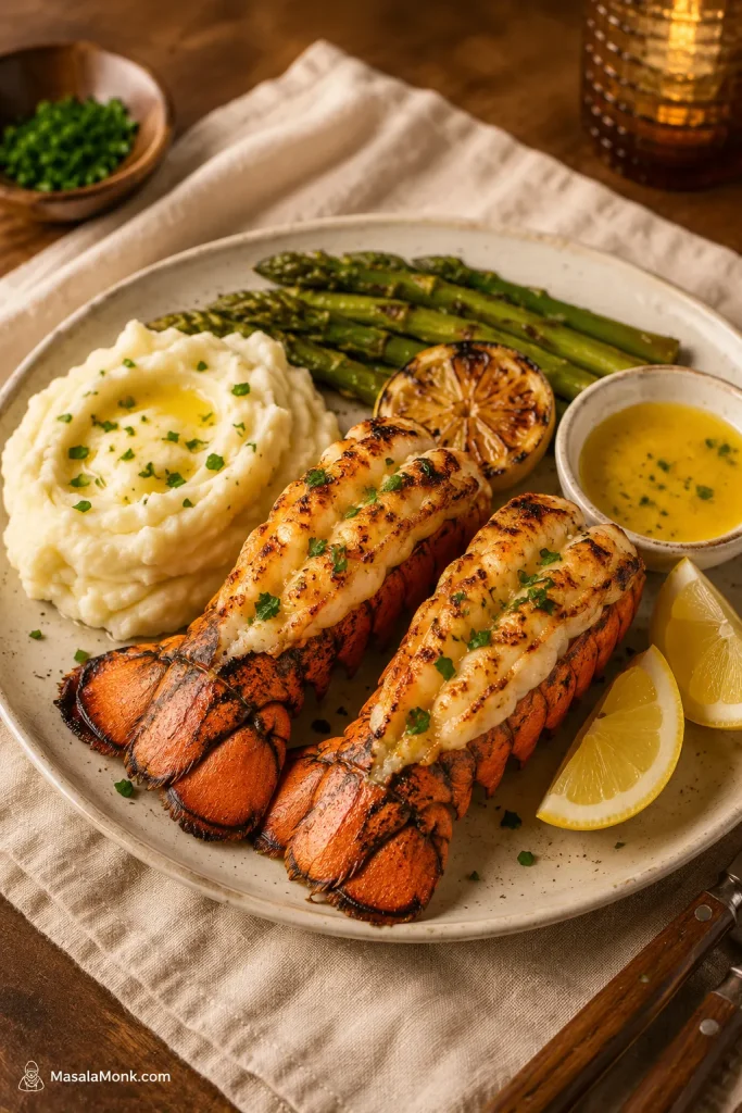 Grilled lobster tails served with mashed potatoes, asparagus, lemon butter, and lemon wedges.