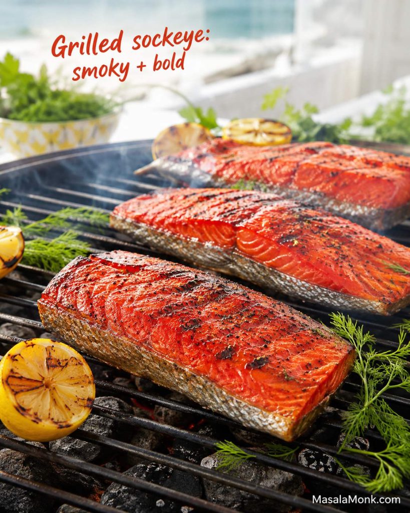 Sockeye salmon fillets grilling over charcoal with lemon halves, herbs, smoke, and light char marks.