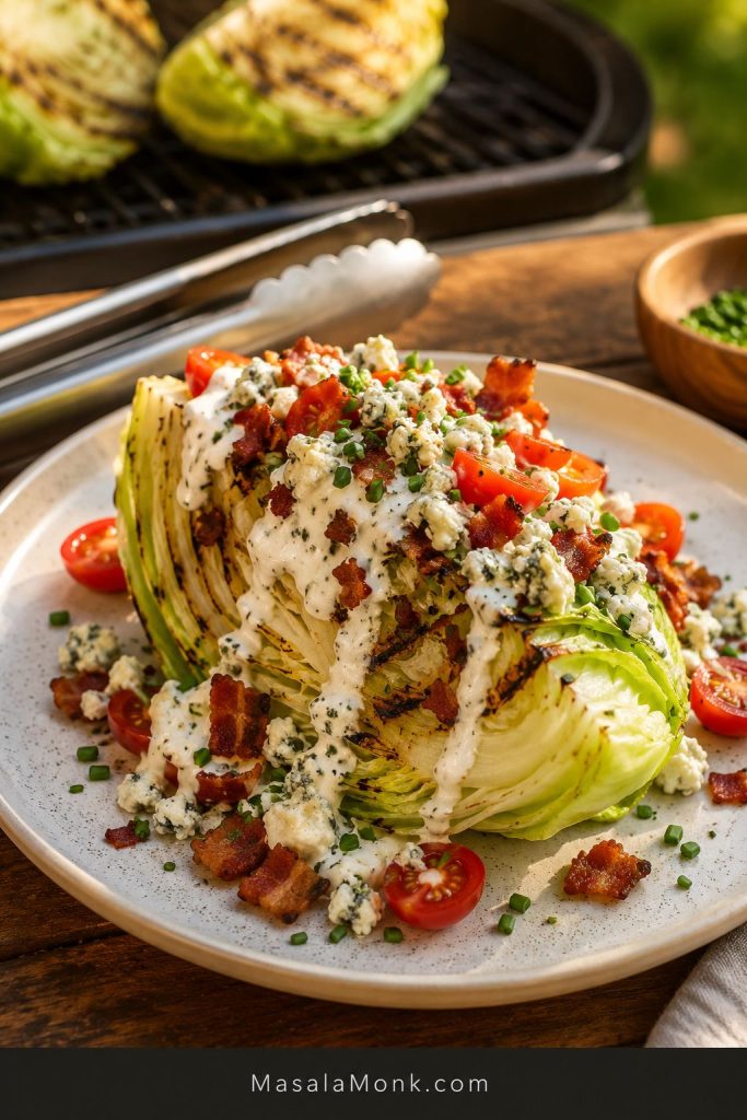 Grilled iceberg wedge salad with light char marks, creamy dressing, bacon, tomatoes, chives, blue cheese crumbles, and grill tongs nearby.