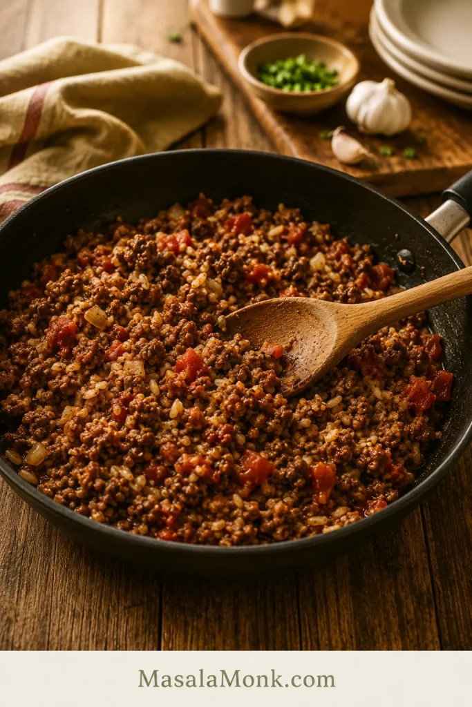 Ground beef, rice, tomatoes, onion, and garlic cooking together in a skillet for stuffed red pepper filling