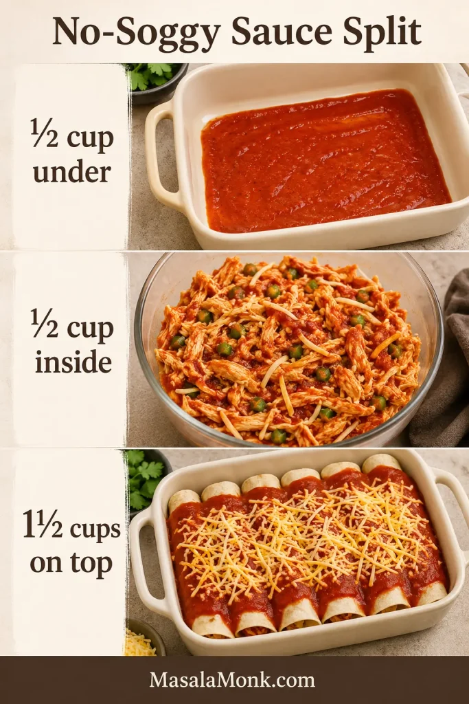 Three-part no-soggy sauce split guide showing sauce under the enchiladas, sauce mixed into chicken filling, and sauce poured over rolled enchiladas.