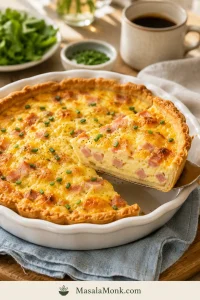Whole ham and cheese quiche in a white ceramic pie dish with one slice lifted, showing golden crust, creamy custard, diced ham, melted cheese, and chives.