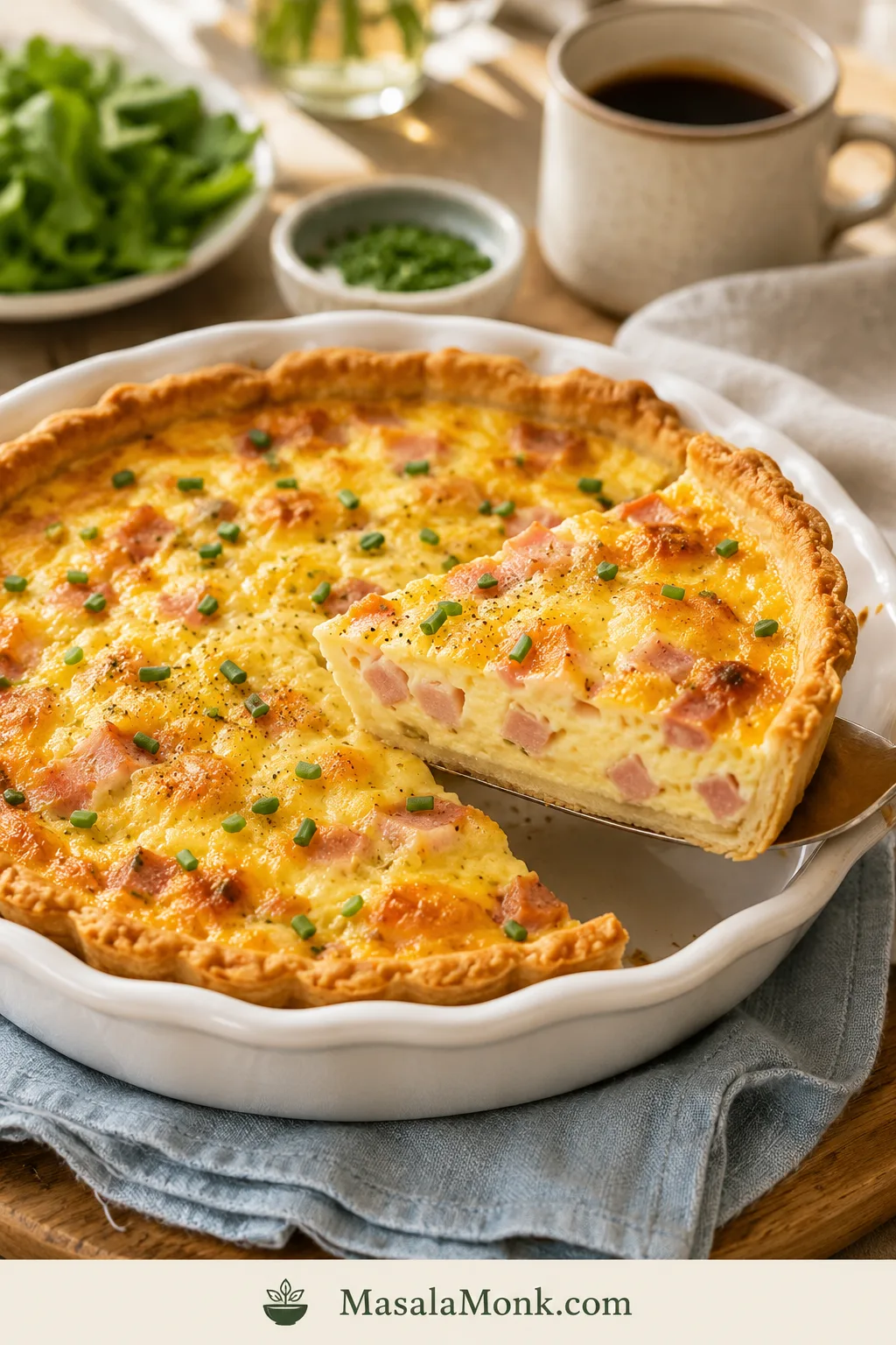 Whole ham and cheese quiche in a white ceramic pie dish with one slice lifted, showing golden crust, creamy custard, diced ham, melted cheese, and chives.
