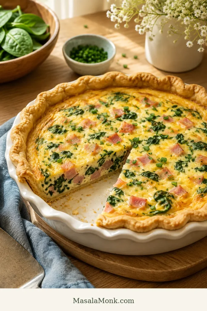 Ham and spinach quiche with a wedge cut out, showing spinach ribbons, diced ham, creamy custard, and golden crust.