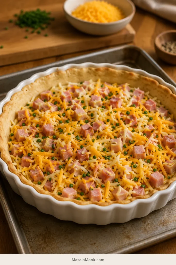 Diced ham, shredded cheese, and chopped chives spread evenly inside a par-baked pie crust.