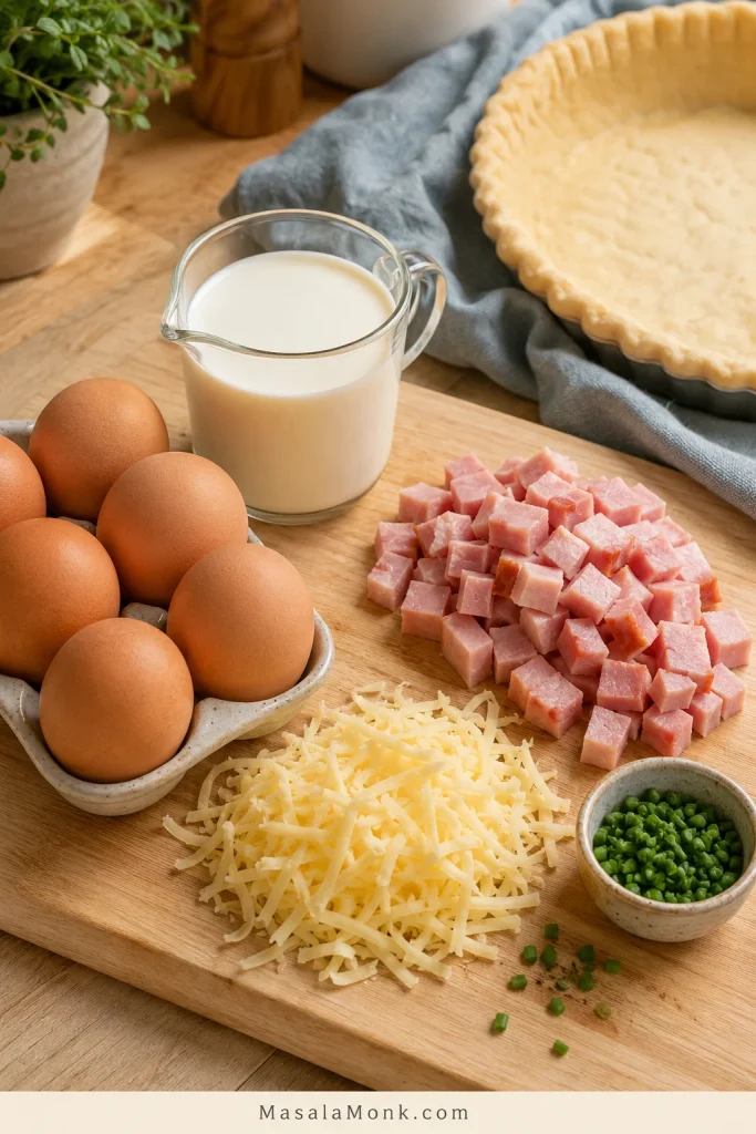 Eggs, dairy, diced cooked ham, shredded cheese, chopped chives, and a pie crust arranged on a kitchen prep surface.