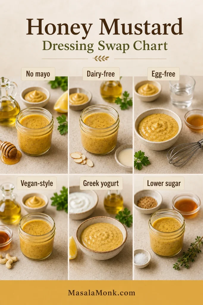 Honey mustard dressing swap chart showing no mayo, dairy-free, egg-free, vegan-style, Greek yogurt, and lower sugar options.