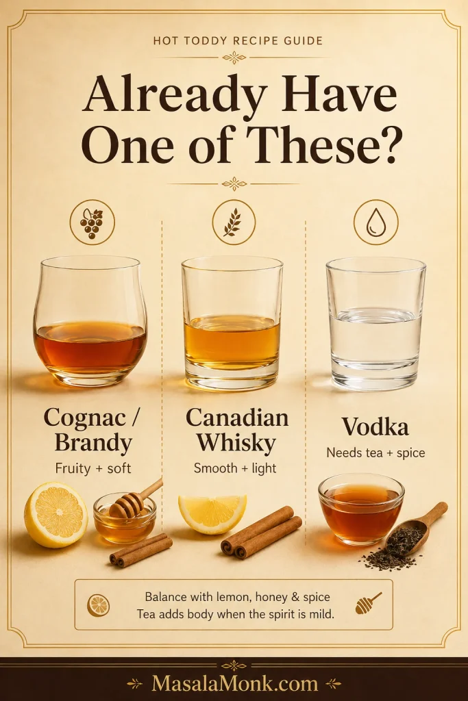 Infographic titled Already Have One of These showing Cognac or Brandy as fruity and soft, Canadian Whisky as smooth and light, and Vodka as needing tea and spice.