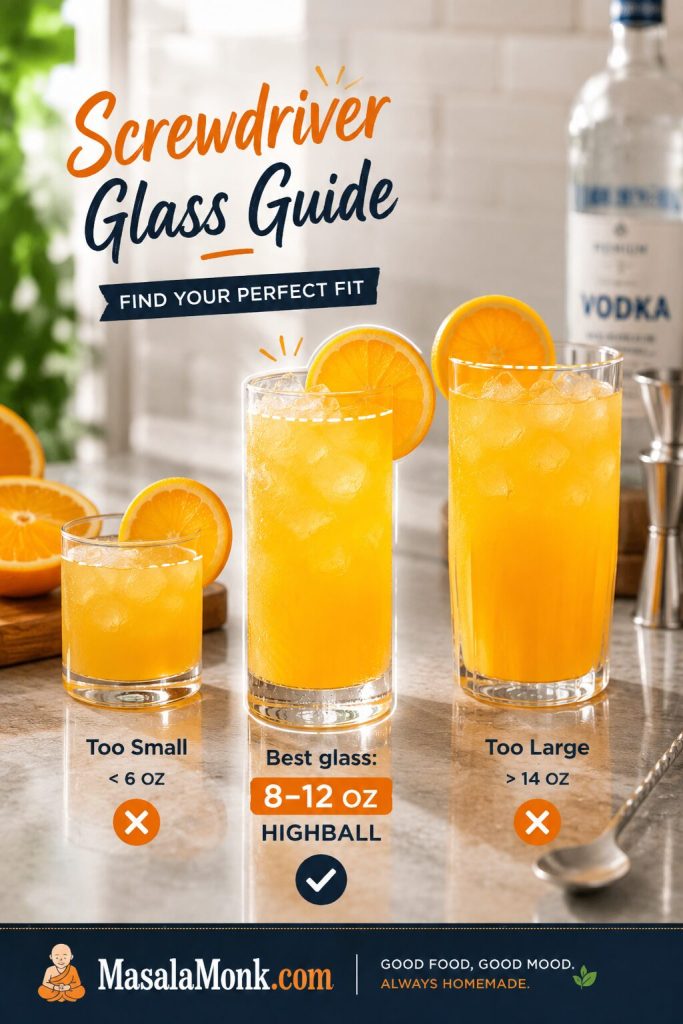 Glass size comparison for a Screwdriver cocktail showing a small glass, an 8 to 12 ounce highball glass, and a larger glass.