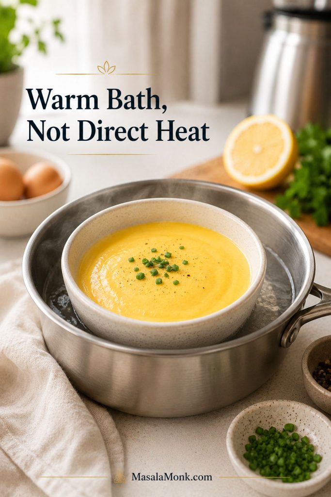 Bowl of hollandaise resting over hot water with gentle steam for warm holding.