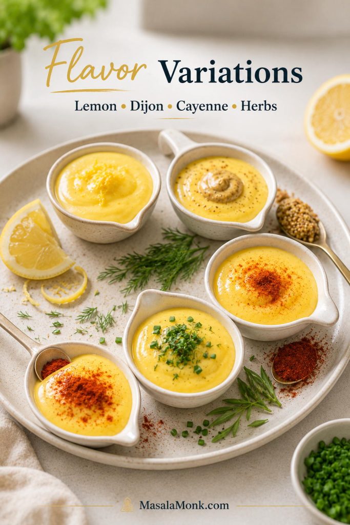 Bowls of hollandaise with lemon, Dijon, cayenne, herbs, and smoked paprika flavor variations.