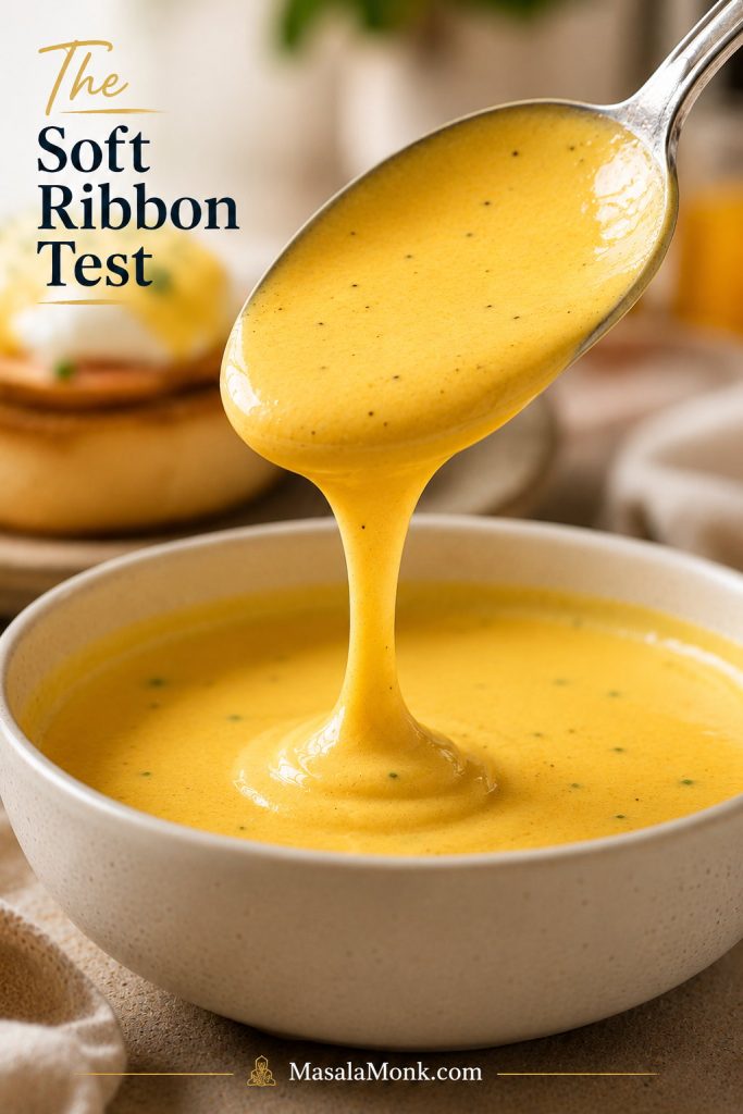 Spoon lifting glossy hollandaise sauce in a soft ribbon above a bowl.