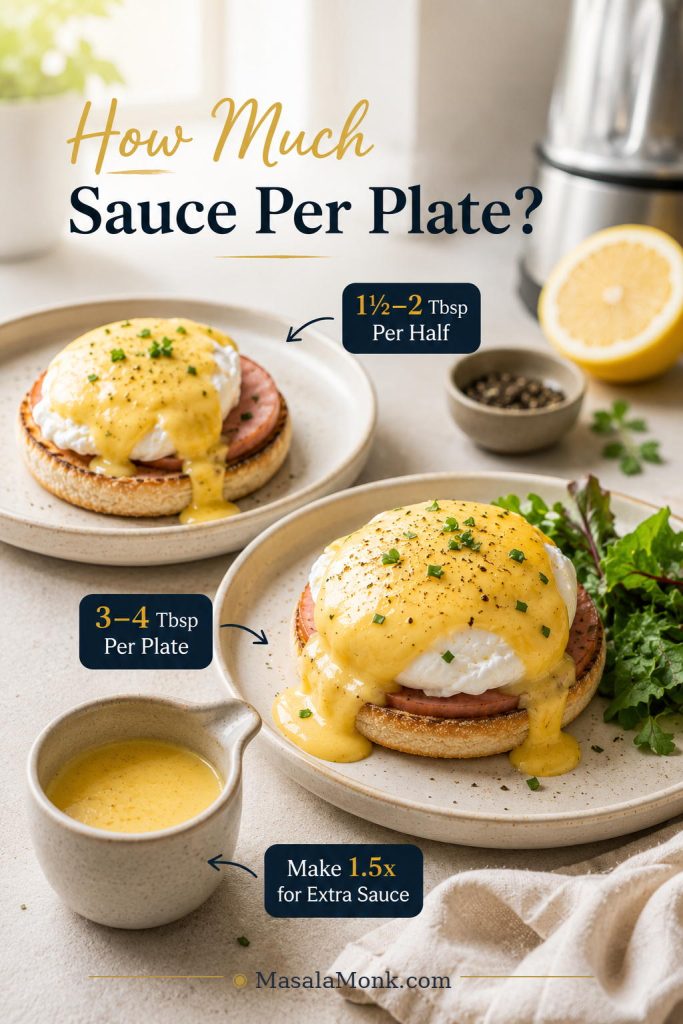 Eggs Benedict plates showing hollandaise amounts for one Benedict half, one plate, and extra sauce.