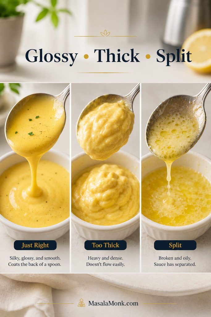 Three-part hollandaise texture guide showing glossy sauce, too-thick sauce, and split sauce.
