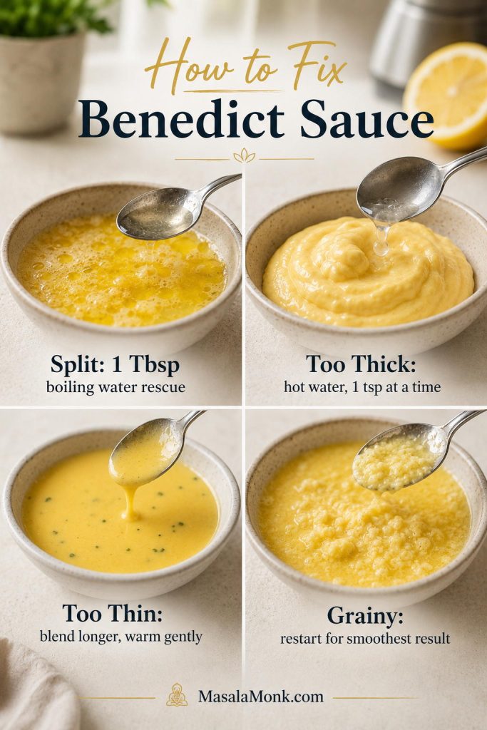 Troubleshooting guide showing split, too-thick, too-thin, and grainy Benedict sauce fixes.