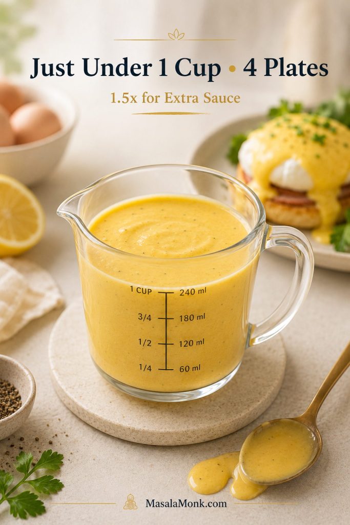 Measuring cup and bowl of hollandaise showing just under 1 cup of sauce for four plates.