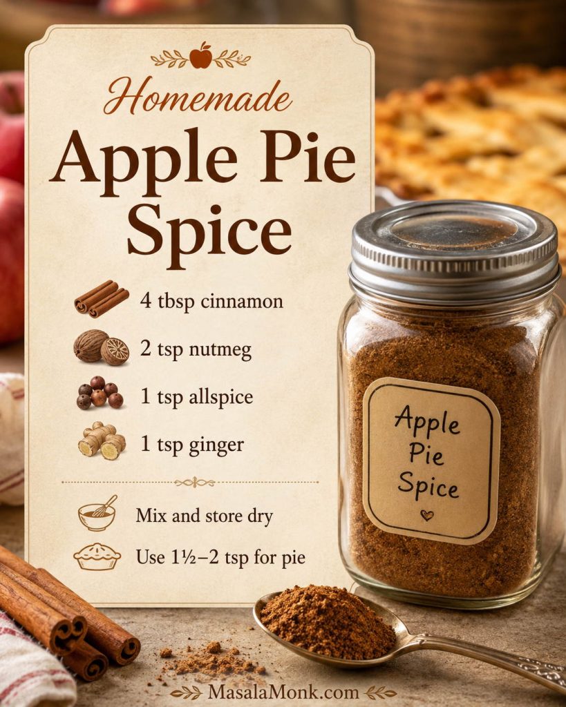 Homemade apple pie spice recipe card showing 4 tablespoons cinnamon, 2 teaspoons nutmeg, 1 teaspoon allspice, 1 teaspoon ginger, a glass jar, and a spoon.