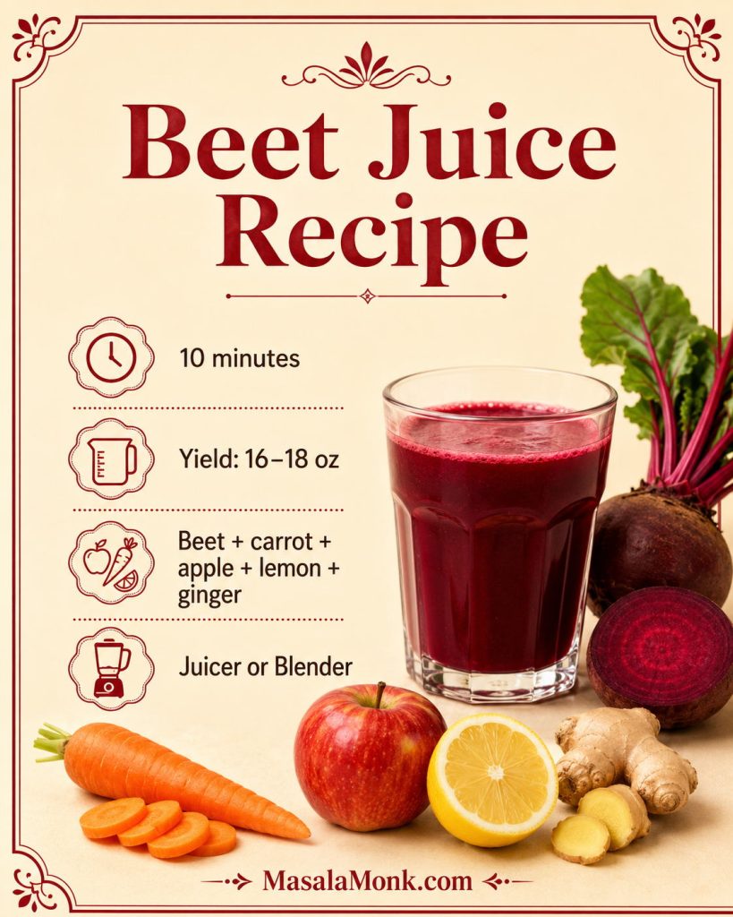 Saveable beet juice recipe card with a glass of beet juice, beetroot, carrot, apple, lemon, ginger, 10 minutes, 16–18 ounce yield, and juicer or blender method.