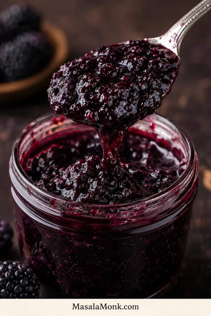 Spoon lifting thick glossy blackberry jam from a glass jar, showing a soft mound and slow drip.