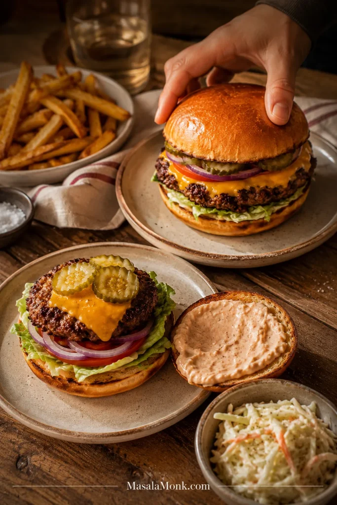 Burger night table with assembled cheeseburgers, an open burger, fries, coleslaw, toppings, and a hand reaching for a bun.