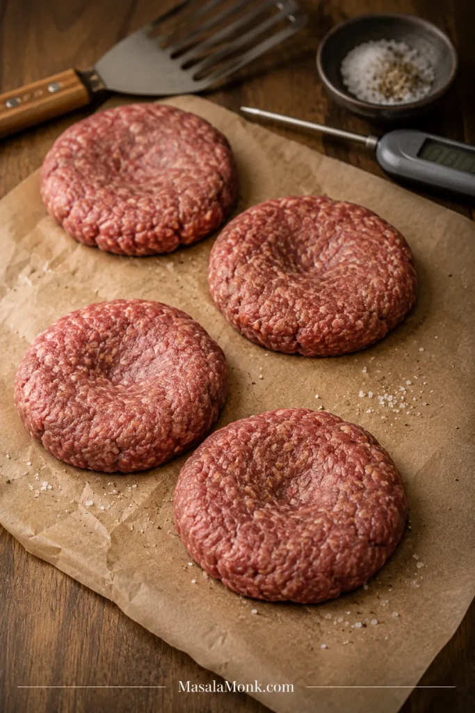 Four raw burger patties on parchment paper with shallow center dimples, a spatula, seasoning bowl, and thermometer nearby.