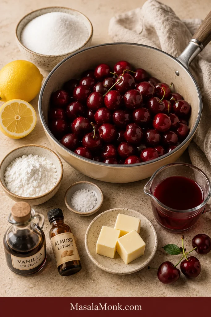 Cherries, sugar, lemon, cornstarch, salt, vanilla, almond extract, butter, and cherry juice arranged for homemade cherry pie filling.