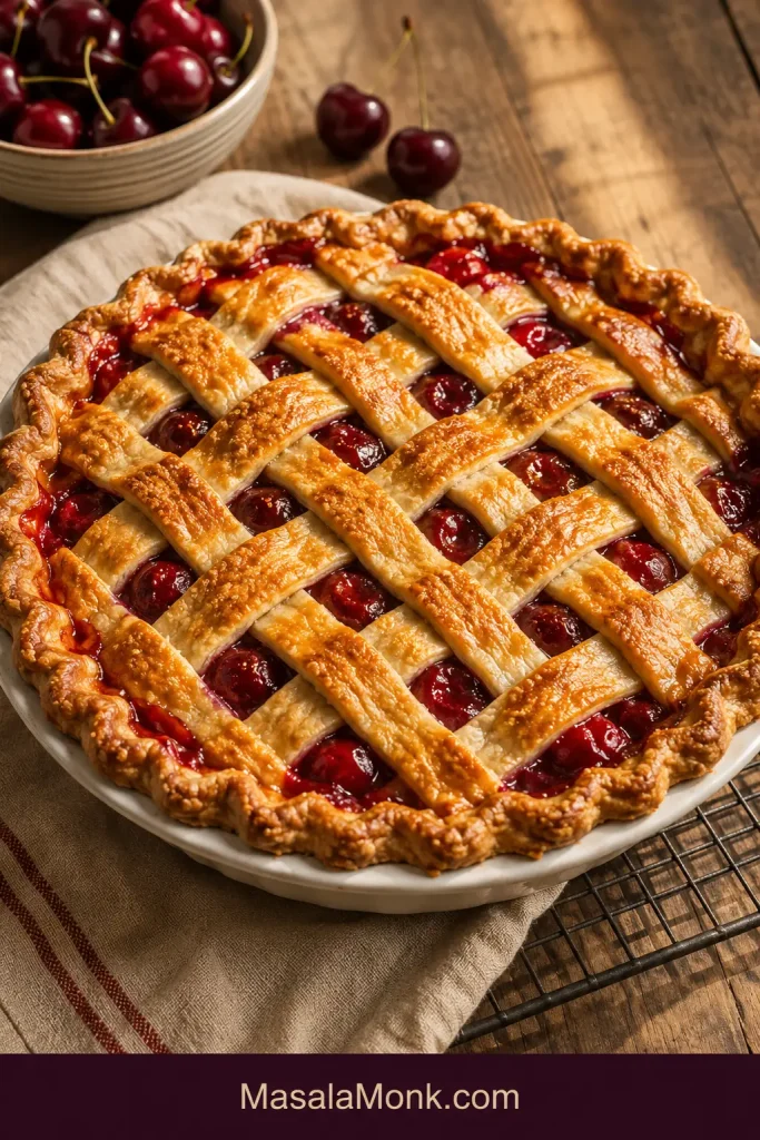 Whole homemade lattice cherry pie in a pie dish with a deep golden crust and glossy cherry filling visible between the pastry strips.
