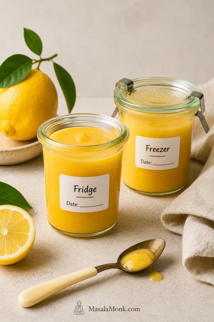 Two jars of homemade lemon curd labeled fridge and freezer, with blank date lines, a lemon, linen, and a spoon nearby.