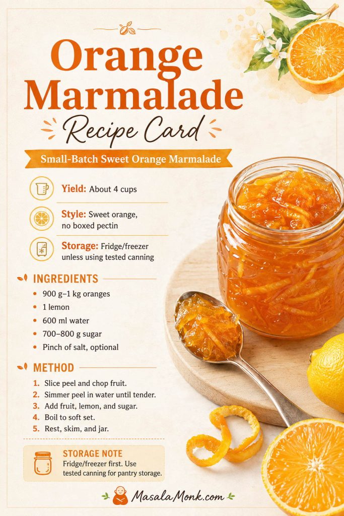 Saveable orange marmalade recipe card with a jar of marmalade, ingredients, short method, yield, and fridge or freezer storage note.