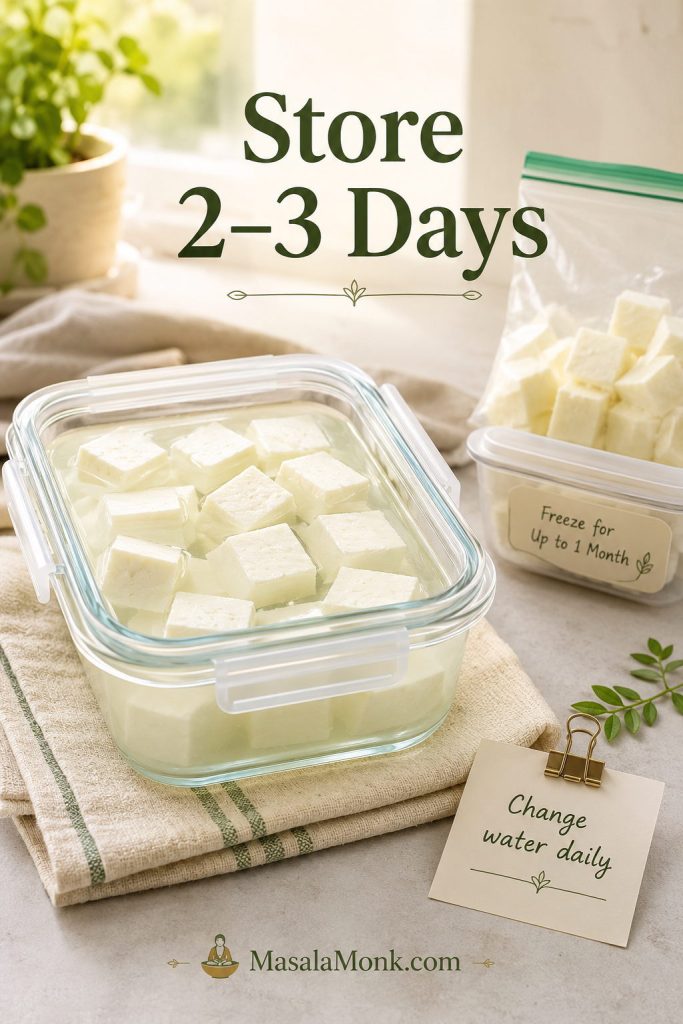 Homemade paneer cubes stored in fresh water inside a glass container with freezer portions and a note to change water daily.