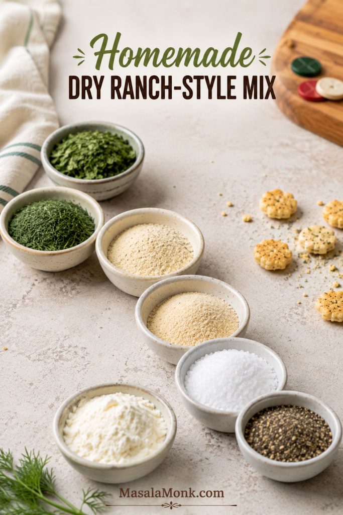 Small bowls of parsley, dill, garlic powder, onion powder, salt, pepper, and buttermilk powder for dry ranch mix.