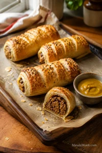 Homemade puff pastry sausage rolls on parchment with one roll cut open beside a small bowl of mustard.