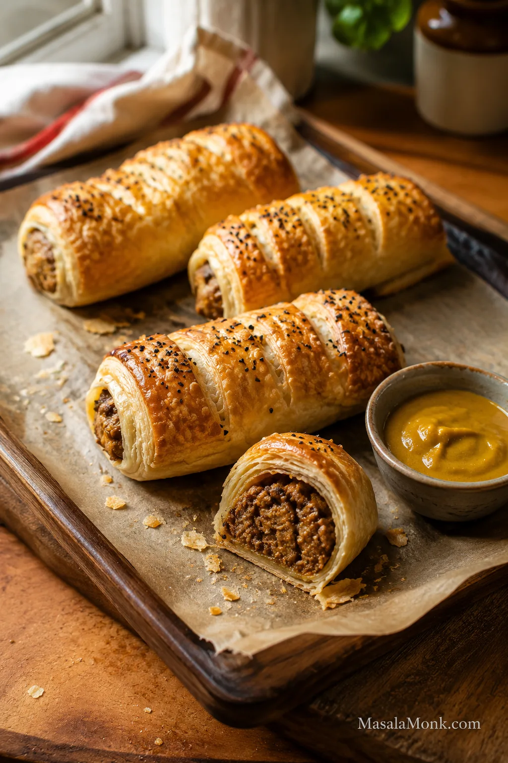 Homemade puff pastry sausage rolls on parchment with one roll cut open beside a small bowl of mustard.