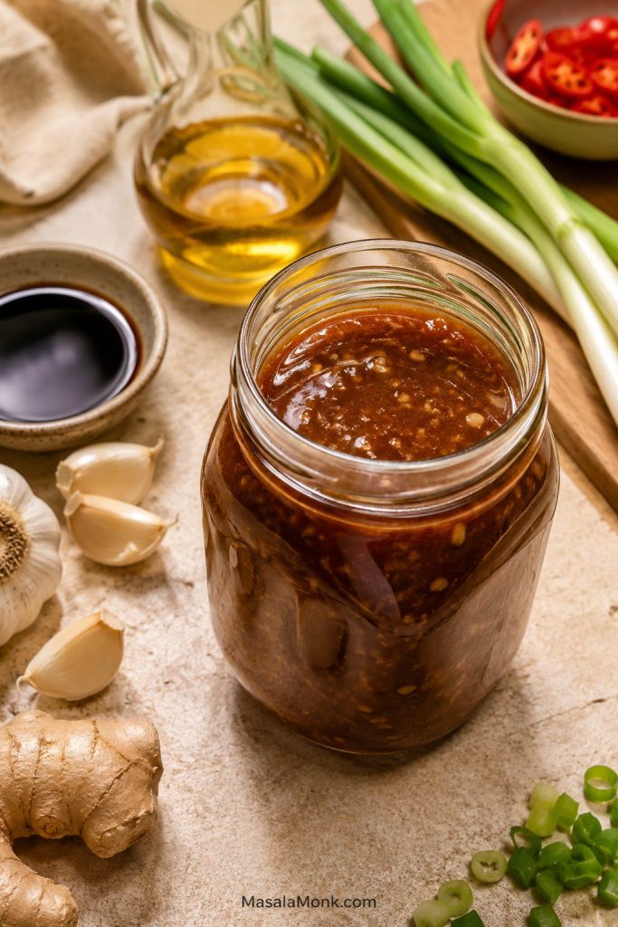 Clear glass jar of brown homemade stir fry sauce on a counter with garlic, ginger, scallions, soy sauce, and sesame oil nearby.