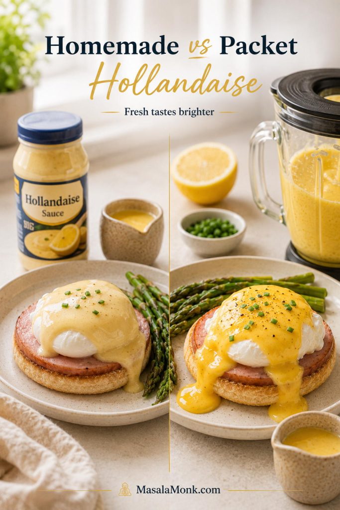 Homemade hollandaise and packet hollandaise compared on Eggs Benedict plates with asparagus and blender sauce.