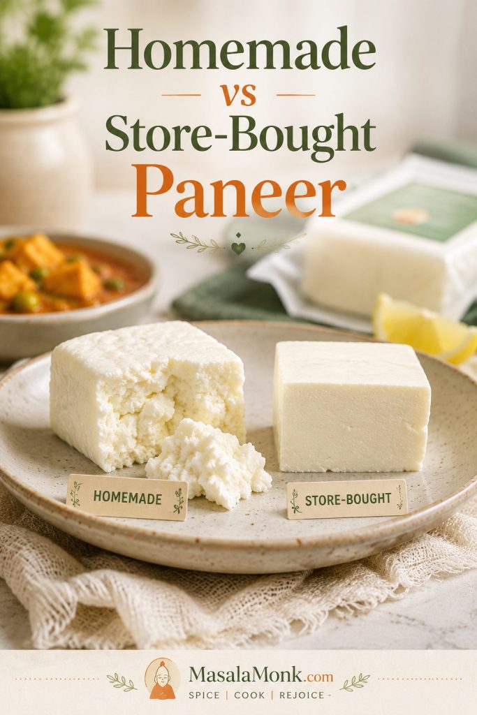 Homemade paneer cube broken open beside a firmer store-bought-style paneer cube with generic packaging blurred behind.