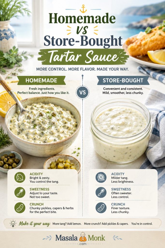 Homemade tartar sauce with visible chopped pickles and herbs compared with smoother store-bought tartar sauce in an unbranded jar