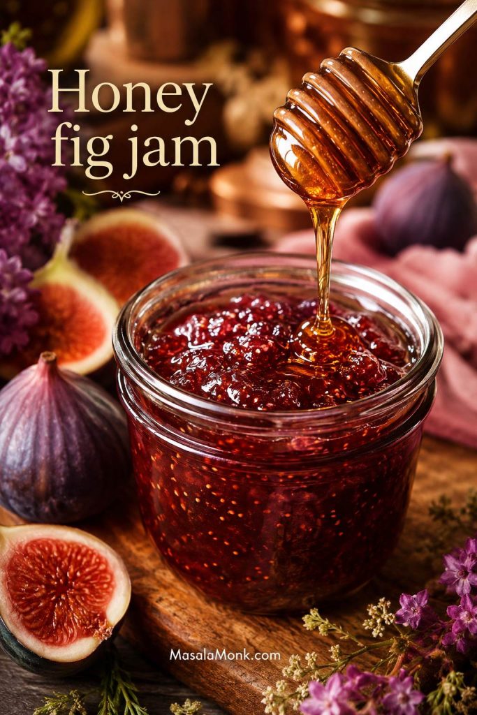Honey being drizzled into glossy fig jam with fresh figs nearby.
