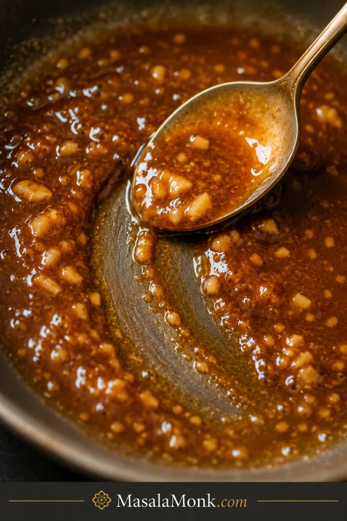 Spoon dragged through amber honey garlic glaze, leaving a clear trail in the sauce.