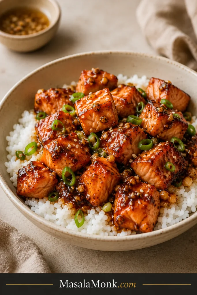 Bite-sized glazed salmon pieces served over white rice with scallions and sesame seeds.