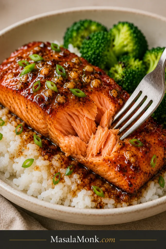 Fork flaking a cooked honey garlic salmon fillet over rice with broccoli in the background.