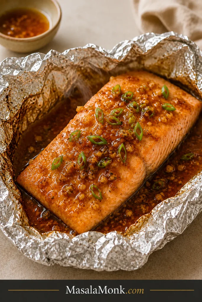 Honey garlic salmon cooked in an open foil packet with sauce pooled around the fish.