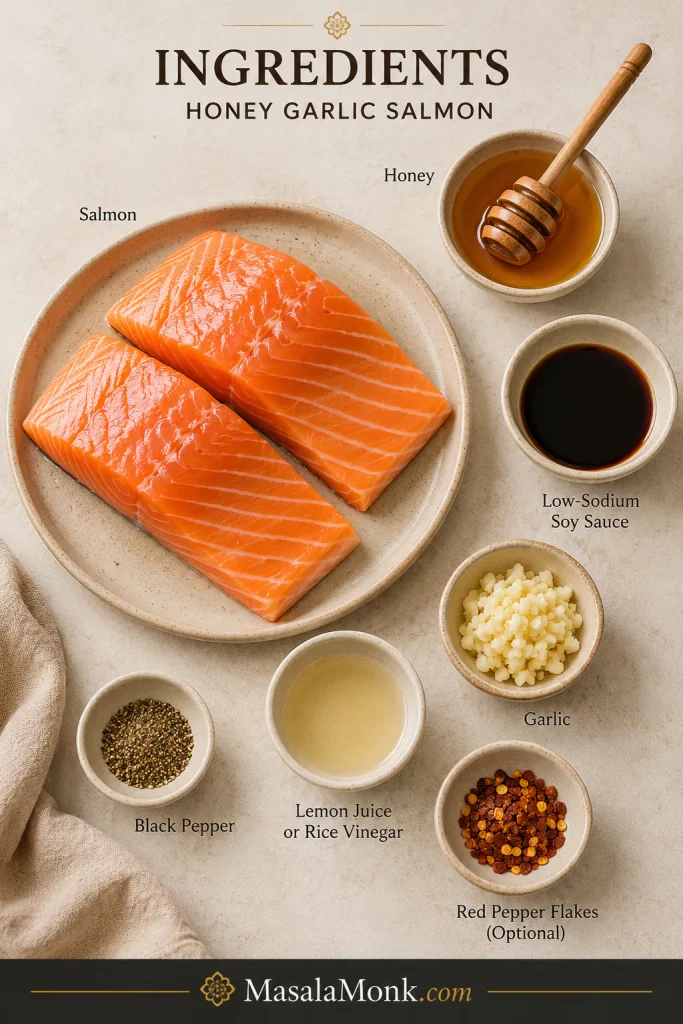 Ingredient layout with raw salmon, honey, soy sauce, garlic, lemon or rice vinegar, black pepper, and red pepper flakes.