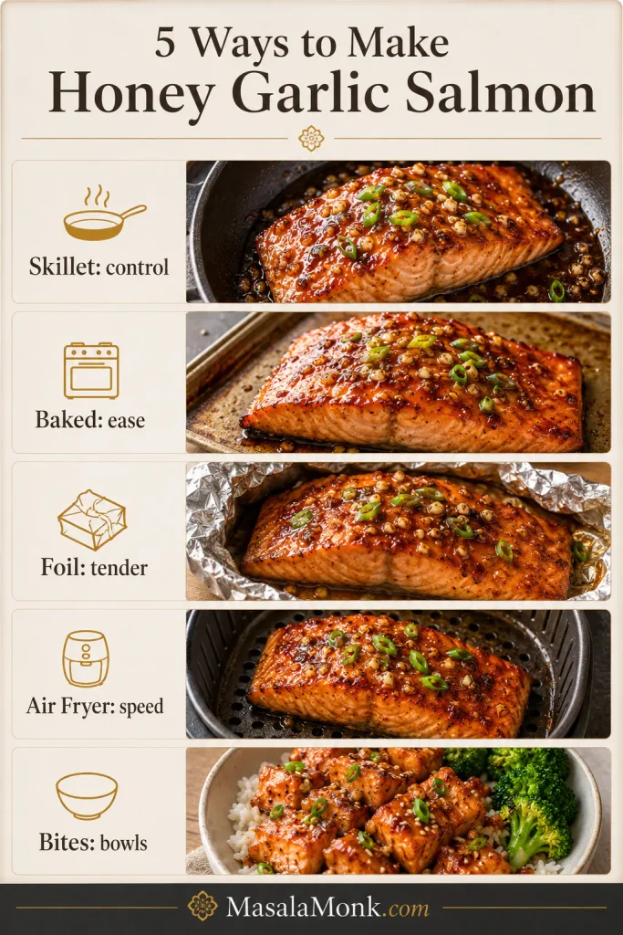Five honey garlic salmon methods shown side by side: skillet, baked, foil, air fryer, and salmon bites.
