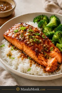 Honey garlic salmon served over white rice with broccoli in a shallow beige bowl.