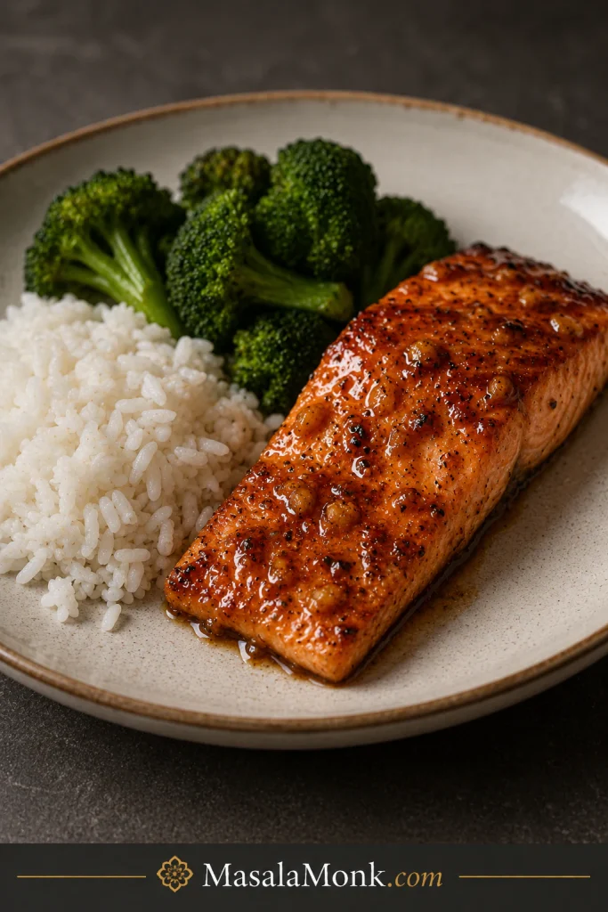 Simple plate with honey garlic salmon, white rice, and broccoli on a dark tabletop.